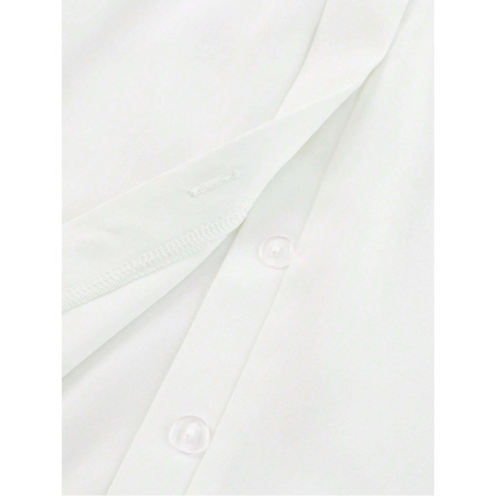 White Hidden Button Down Short Long Sleeve Pleated Details - Picture 9 of 12